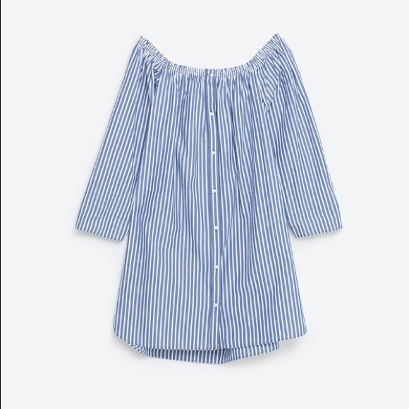 zara blue striped off shoulder dress Zara blue and white striped off the shoulder button down dress size small